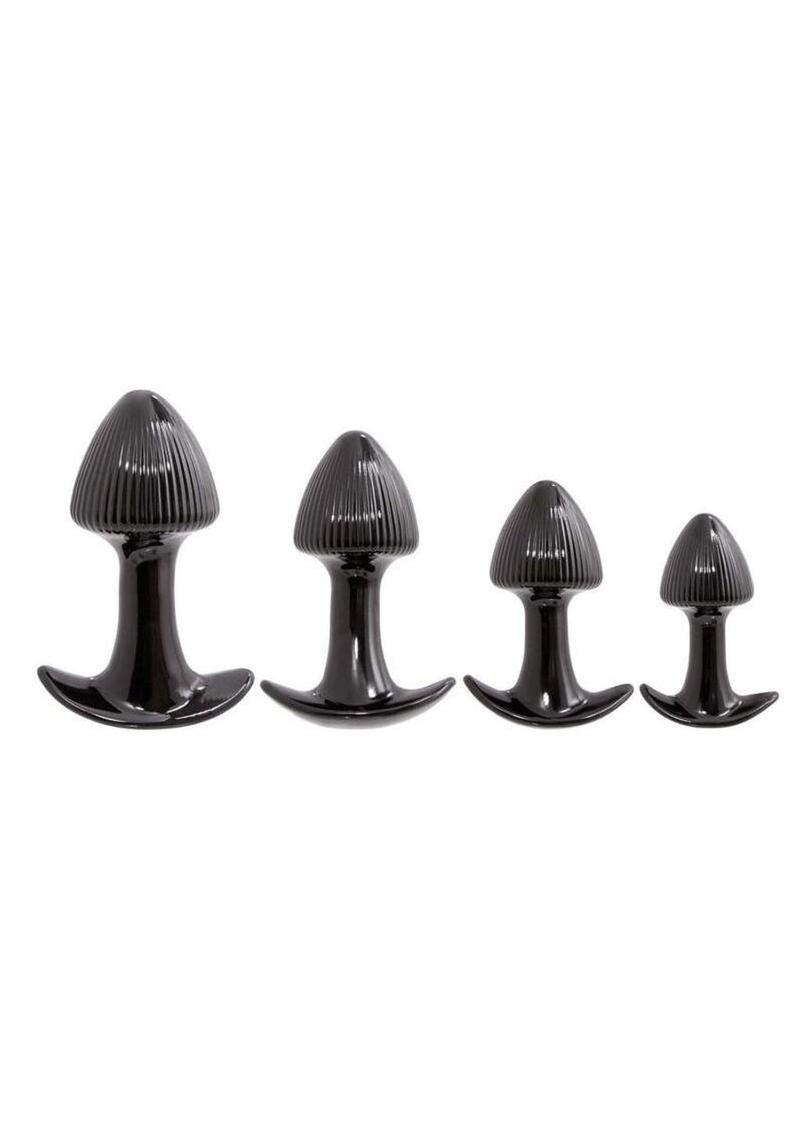 Walk Around Trainer Plugs 4 Pack Black, a set of four tapered anal training plugs in black for comfortable exploration.
