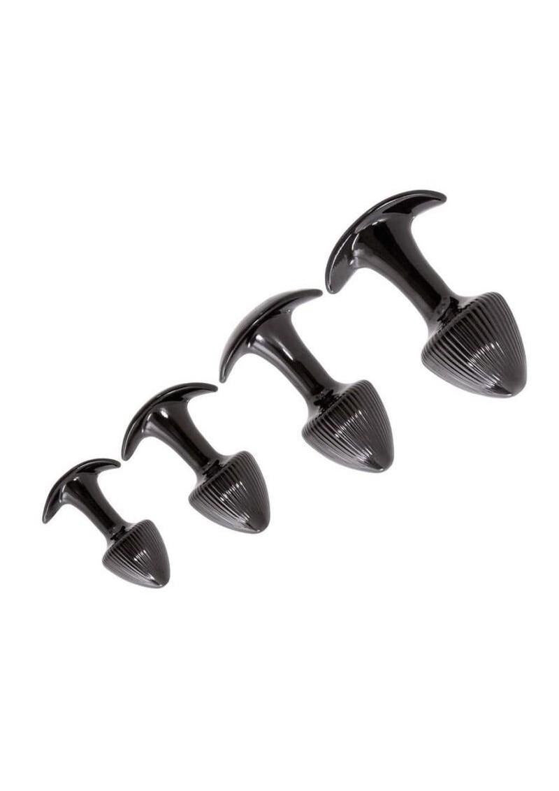 Walk Around Trainer Plugs 4 Pack Black featuring four tapered black anal training plugs for comfortable exploration.