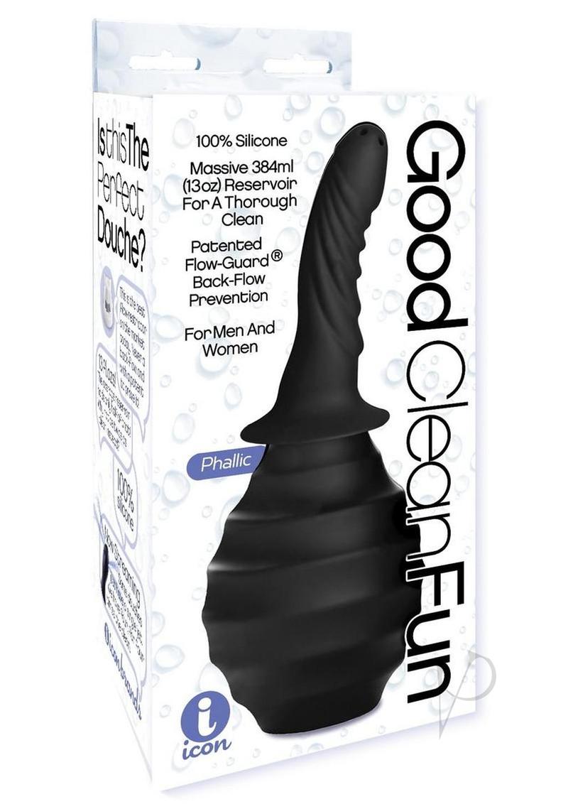 Good Clean Fun Silicone Phallic Douche Black packaging with features and benefits highlighted.