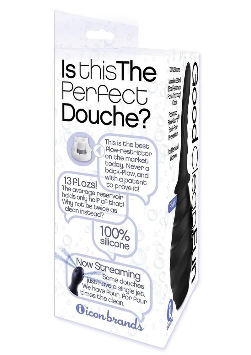 Good Clean Fun Silicone Phallic Douche Black packaging featuring details about its design and features.