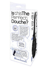Good Clean Fun Silicone Phallic Douche Black packaging featuring details about its design and features.