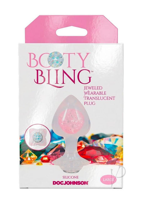 Booty Bling Jeweled Silicone Anal Plug Large Clear packaging with colorful gems and translucent design.