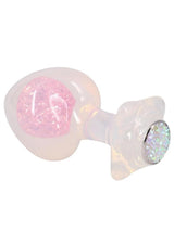 Booty Bling Jeweled Silicone Anal Plug Large Clear with a sparkling crystal base and pink glitter.