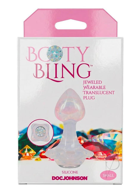Booty Bling Jeweled Silicone Anal Plug Small Clear package featuring a translucent plug and jeweled detail.