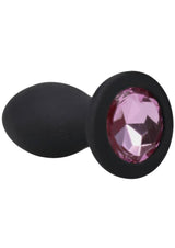 Booty Bling Jeweled Wearable Vibrating Silicone Plug 3 inch Pink with a sparkling jeweled base in black silicone.