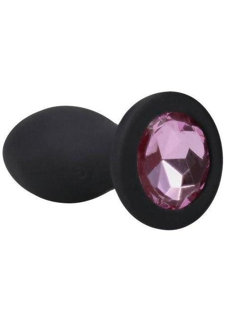 Booty Bling Jeweled Wearable Vibrating Silicone Plug 3 inch Pink with a sparkling jeweled base in black silicone.