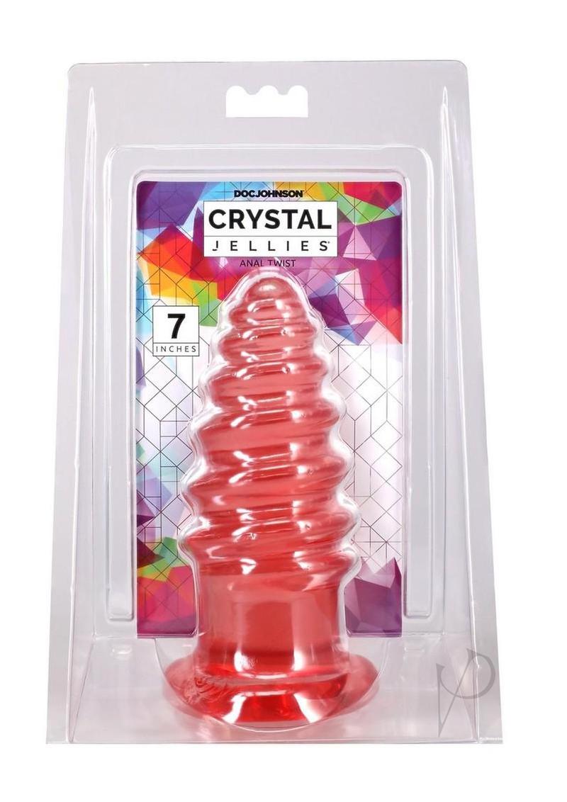 Crystal Jellies Anal Twist Plug 7 inches Pink in packaging, showcasing its sculpted ridges and flared base.
