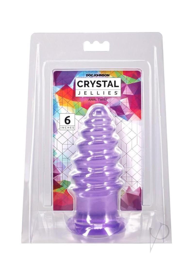 Crystal Jellies Anal Twist Plug 6 inches Purple in packaging, showcasing its unique design and color.