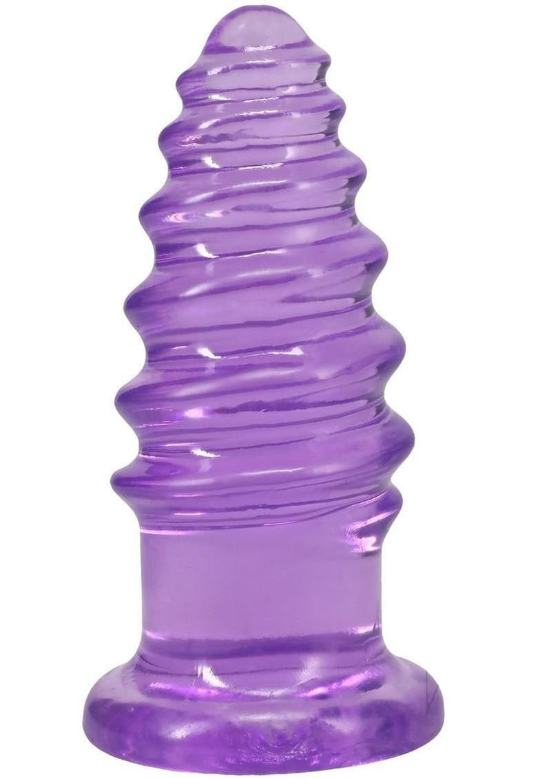 Crystal Jellies Anal Twist Plug 6 inches Purple showcasing its sculpted ridges for enhanced stimulation.
