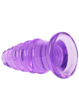 Crystal Jellies Anal Twist Plug 6 inches Purple close-up showing ridged design and flared base for comfortable use.