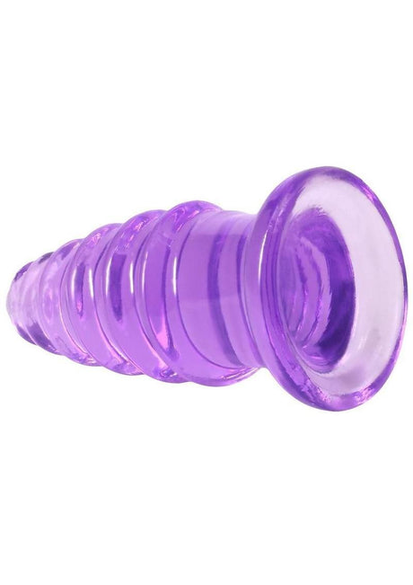 Crystal Jellies Anal Twist Plug 6 inches Purple close-up showing ridged design and flared base for comfortable use.