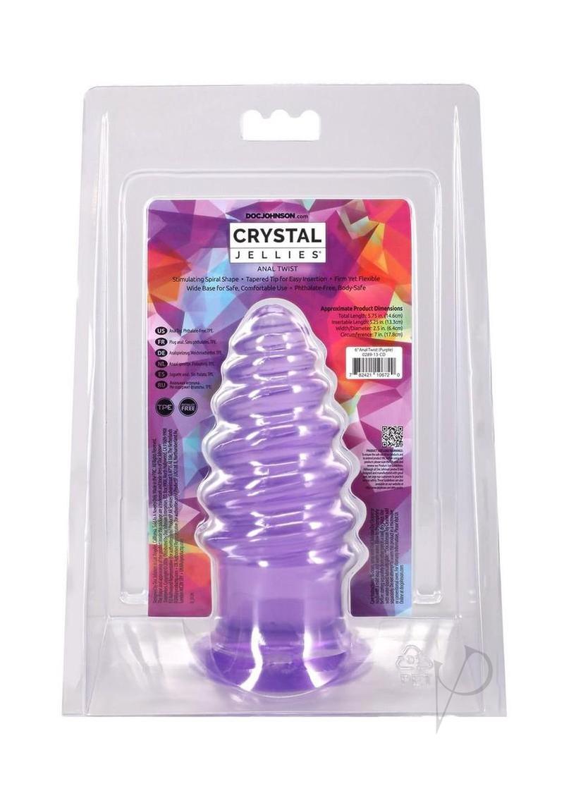 Crystal Jellies Anal Twist Plug 6 inches Purple in packaging with colorful design and informative back.