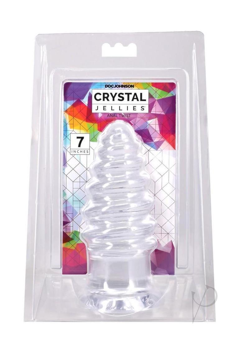Crystal Jellies Anal Twist Plug 7 inches Clear in packaging showcasing its soft, flexible design and sculpted ridges.