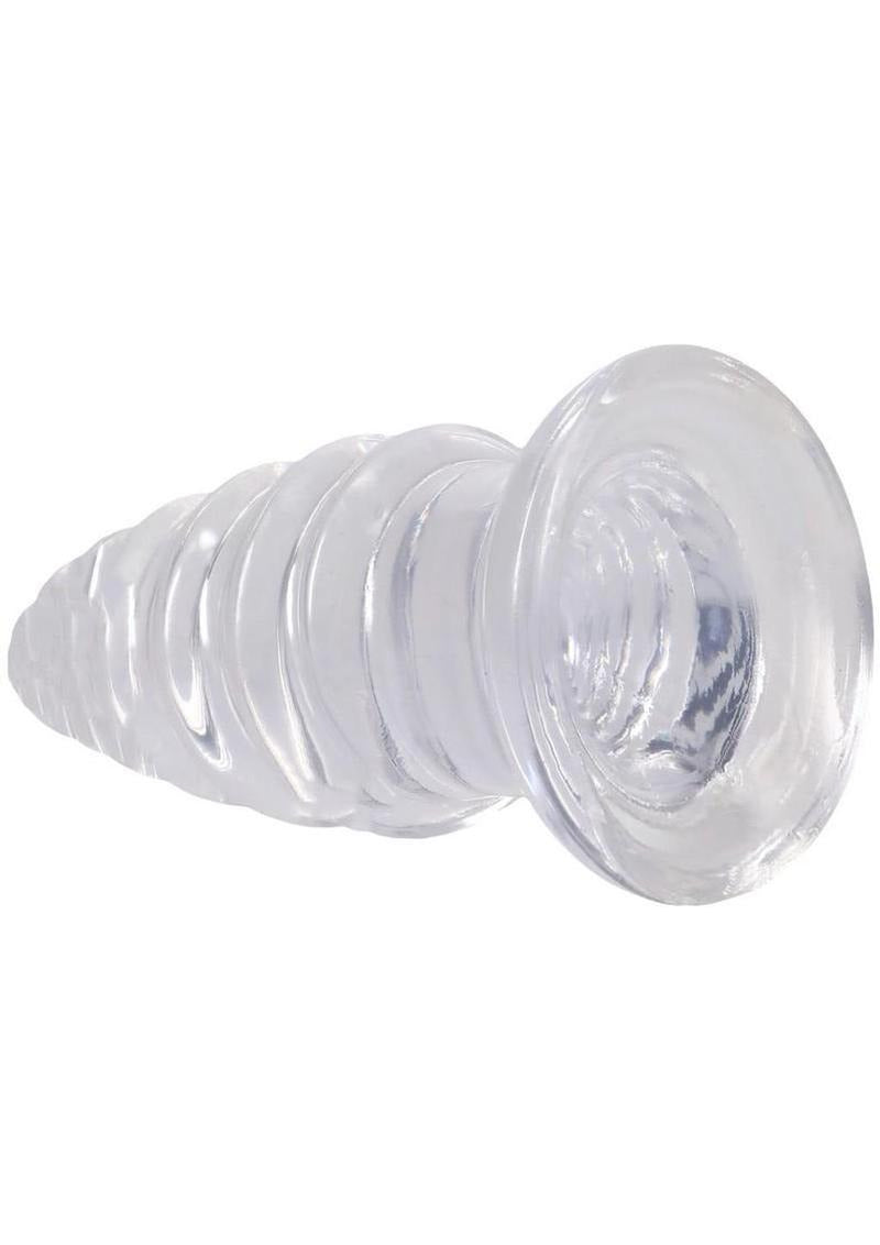 Crystal Jellies Anal Twist Plug 7 inches Clear showcasing ridged design and flared base for enhanced pleasure.