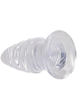 Crystal Jellies Anal Twist Plug 7 inches Clear showcasing ridged design and flared base for enhanced pleasure.
