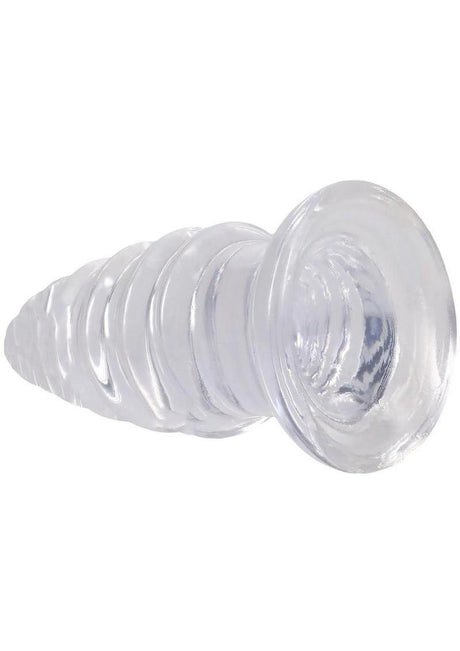 Crystal Jellies Anal Twist Plug 7 inches Clear showcasing ridged design and flared base for enhanced pleasure.