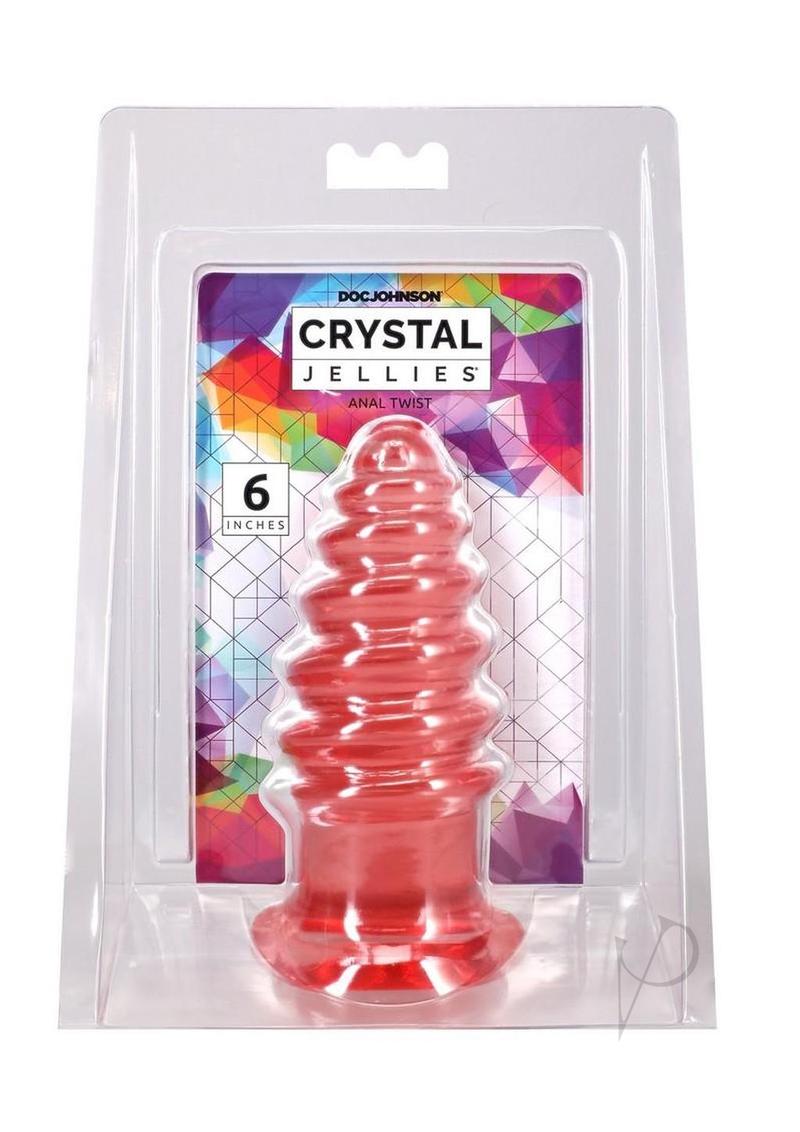 Crystal Jellies Anal Twist Plug 6 inches Pink packaging displayed on a colorful geometric background.