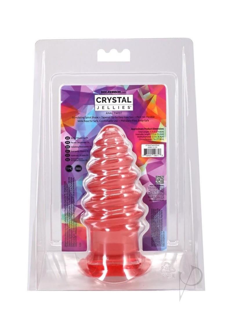 Crystal Jellies Anal Twist Plug 6 inches Pink in packaging showcasing its soft, flexible design and ridged texture.