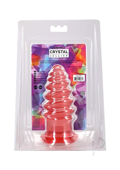 Crystal Jellies Anal Twist Plug 6 inches Pink in packaging showcasing its soft, flexible design and ridged texture.