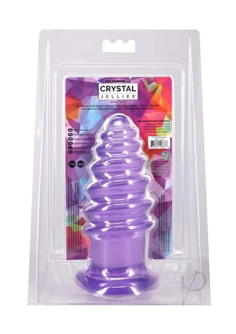 Crystal Jellies Anal Twist Plug 7 inches Purple packaging view with vibrant colors and detailed descriptions.