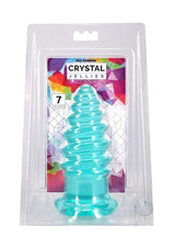Crystal Jellies Anal Twist Plug 7 inches Teal in packaging, showcasing its sculpted design and flared base.