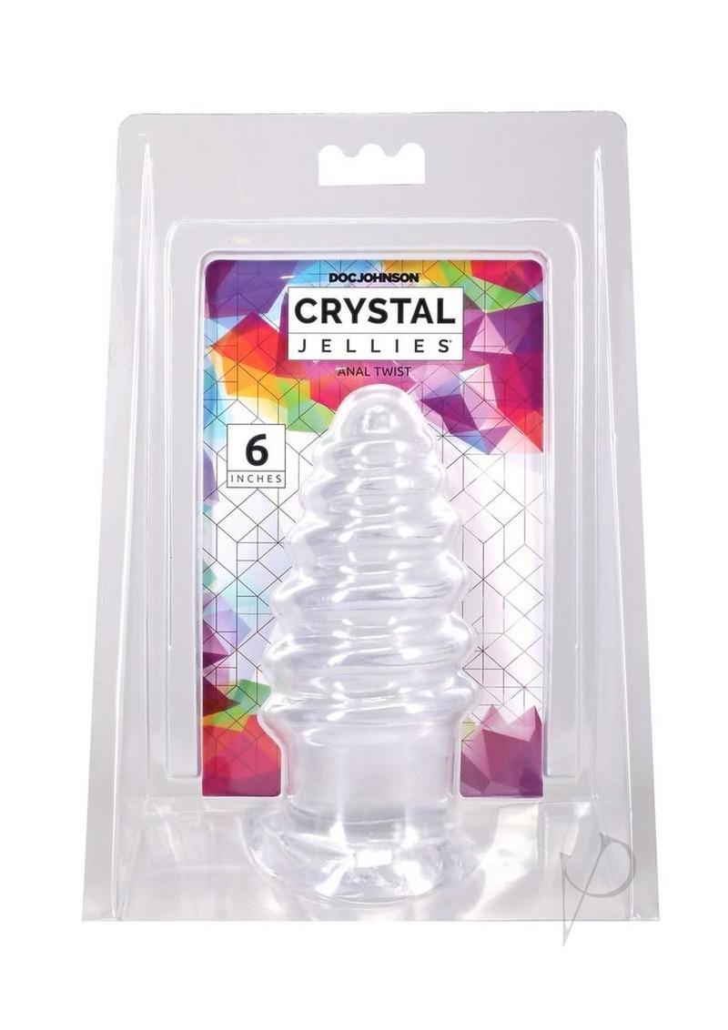 Crystal Jellies Anal Twist Plug 6 inches Clear in packaging, showcasing its soft and flexible design for anal pleasure.