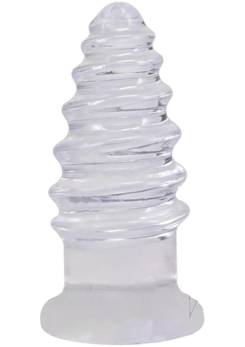 Crystal Jellies Anal Twist Plug 6 inches Clear showcasing sculpted ridges for enhanced stimulation.