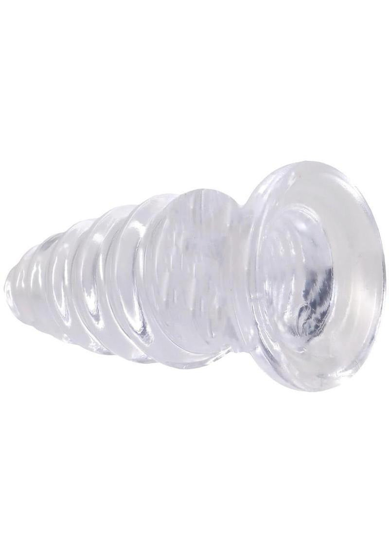 Crystal Jellies Anal Twist Plug 6 inches Clear featuring sculpted ridges and a flared base.