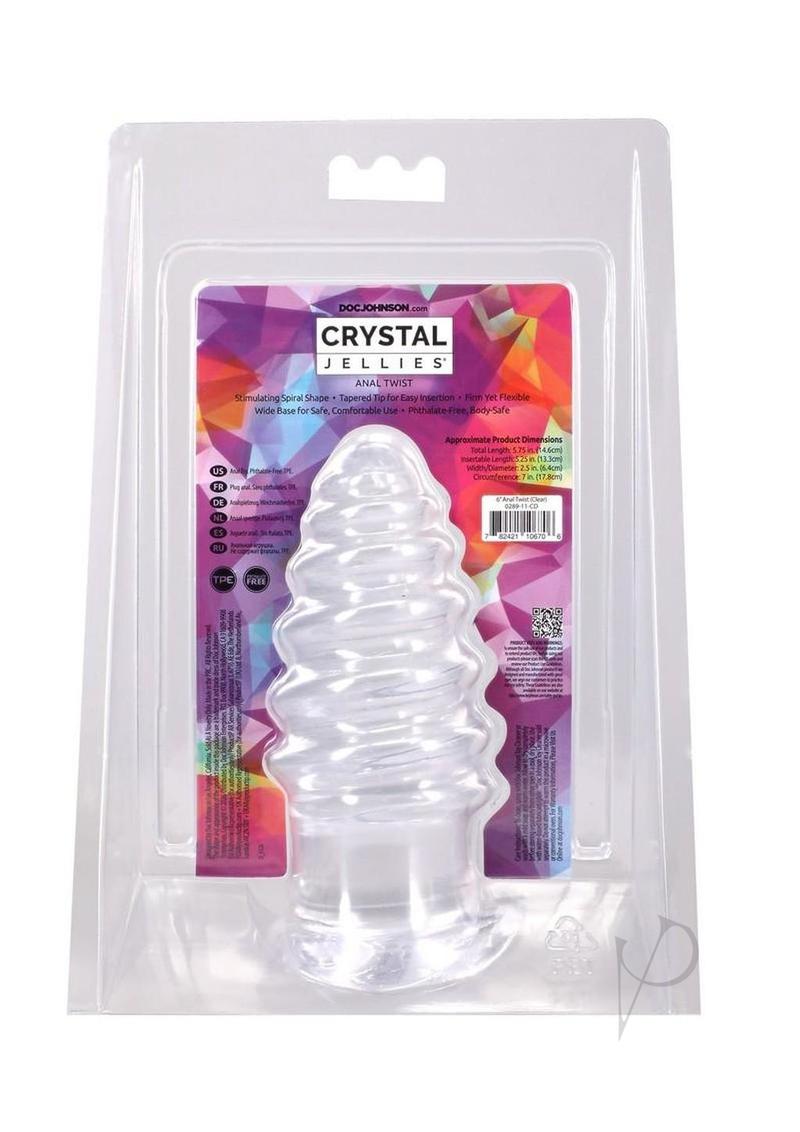 Crystal Jellies Anal Twist Plug 6 inches Clear packaging with colorful background.