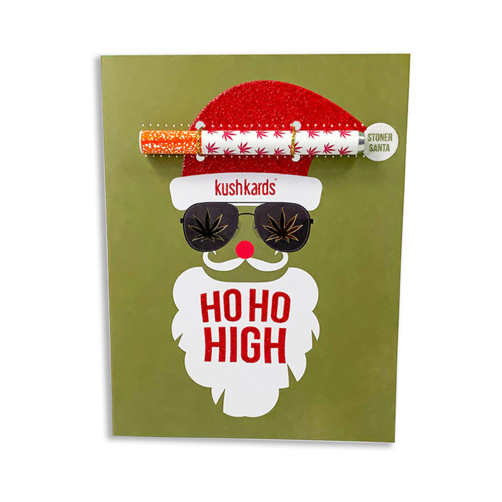KushKards Ho Ho High One Hitter Greeting Card featuring Stoner Santa design with playful cannabis theme