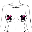 Pastease Fuck Me Crosses Pasties Black Pink displayed on a bodysuit outline for trendy fashion and secure coverage.