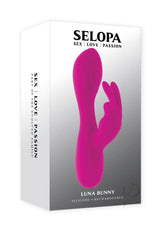 Selopa Luna Bunny Rechargeable Silicone Rabbit Vibrator Pink in sleek packaging showcasing sex, love, and passion.
