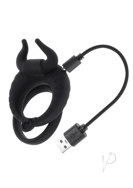 Zero Tolerance Raging Bull Silicone Dual Cock Ring Black with bull-horn ticklers and USB charging cable.