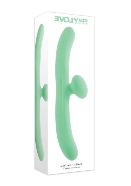 Meet Me Halfway Rechargeable Silicone Dual Vibrator Green in packaging, designed for couples play and double stimulation.