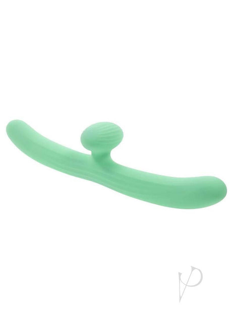 Meet Me Halfway Rechargeable Silicone Dual Vibrator Green on white background, showcasing its smooth, ergonomic design.