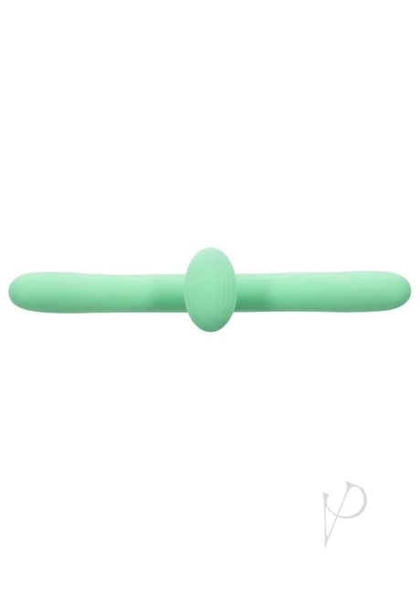 Meet Me Halfway Rechargeable Silicone Dual Vibrator Green on a white background.