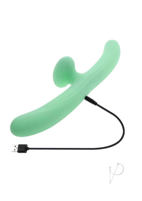Meet Me Halfway Rechargeable Silicone Dual Vibrator Green with USB charging cable, double-ended design for couples.