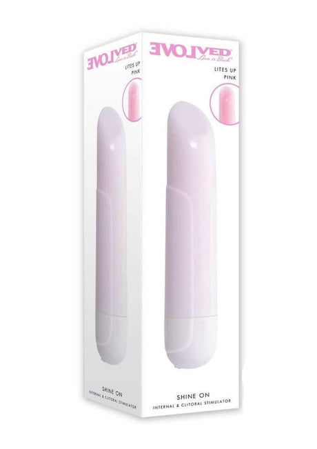 Shine On Light-Up Rechargeable Bullet White Pink packaged, featuring a sleek design and soft pink illumination.