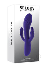 Selopa Triple Tickle 3-Point Stimulation Vibrator Purple packaging with silicone design and features.