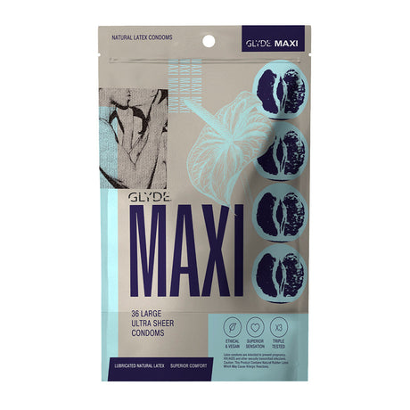 Glyde Maxi Large Latex Condoms 36-Pack packaging displaying ultra-sheer design and large condom specifications.