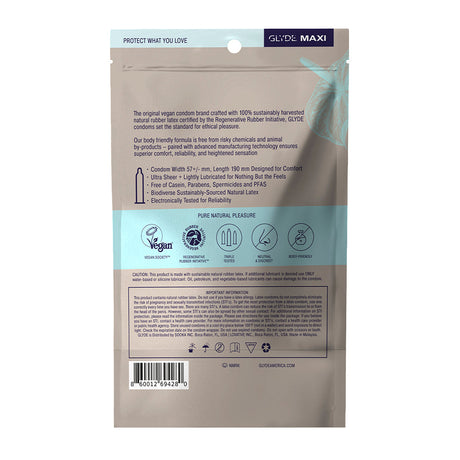 Glyde Maxi Large Latex Condoms 36-Pack packaging showing features and ingredients for enhanced comfort and pleasure.