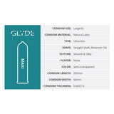 Glyde Maxi Large Latex Condoms 36-Pack product features including size, material, and texture details.