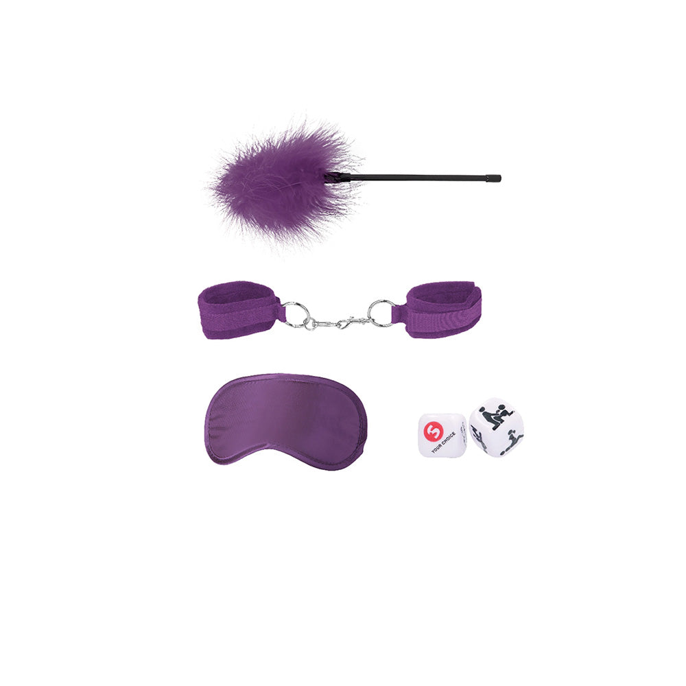 Ouch Introductory Bondage Kit No 2 Purple featuring restraints, feather tickler, and sensory elements.