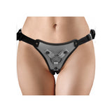 Ouch Metallic Strap On Gun Metal adjustable harness showcasing its sleek design and comfortable fit on a body.