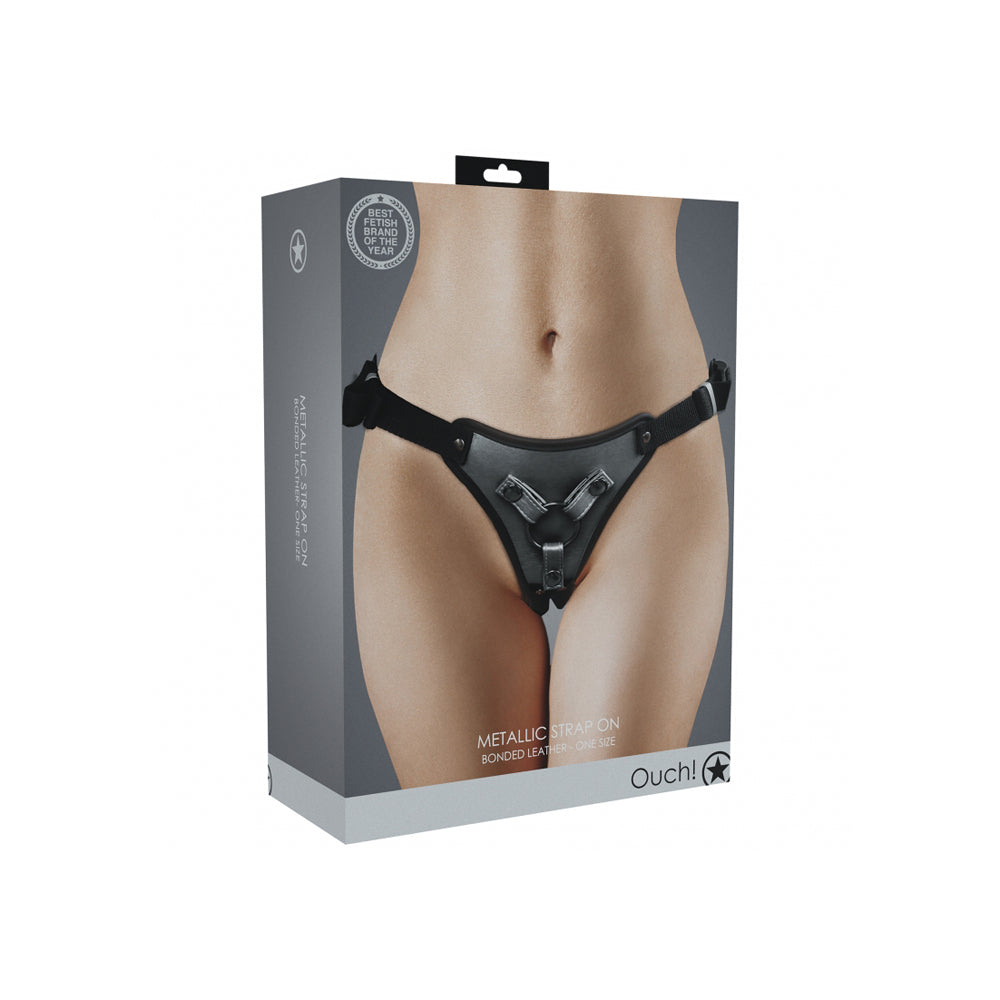 Ouch Metallic Strap On Gun Metal packaging showcasing a metallic strap-on harness with adjustable features.
