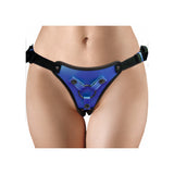 Ouch Metallic Adjustable Strap-On Harness Blue featuring a striking metallic design and adjustable straps for comfort.