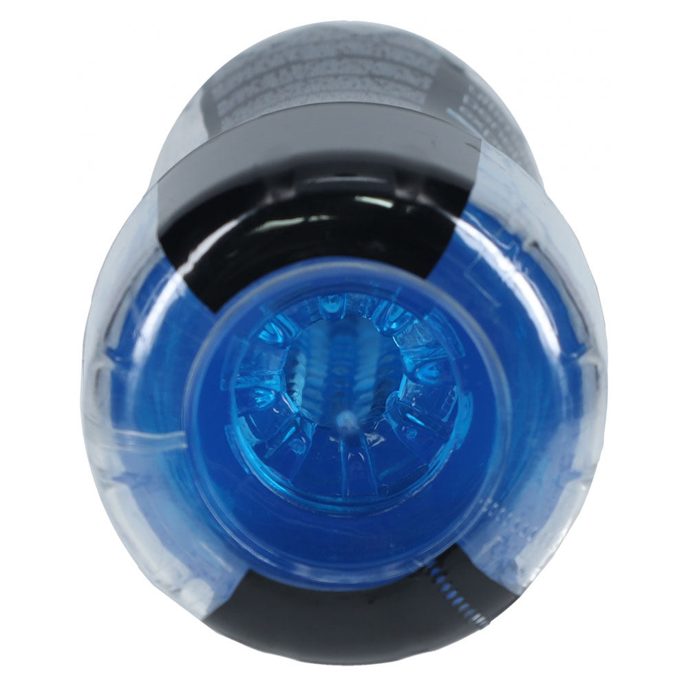 Easy Rider Clear Rounded Case Blue Masturbator top view showing the blue internal sleeve design.
