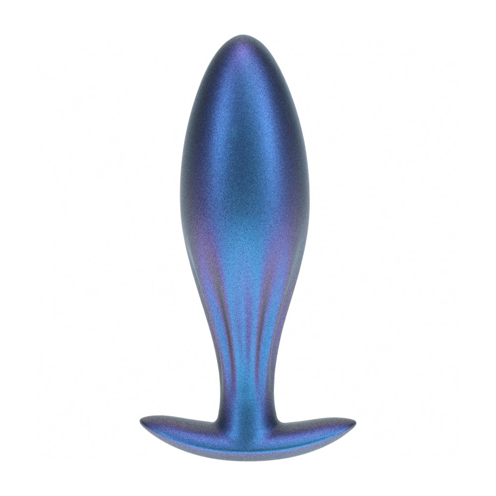 Ouch Oval Anal Plug Silicone Metallic Blue featuring a sleek, tapered design in a striking metallic blue finish.
