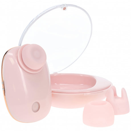 Loveline Dreamsicle Airtaptech Vibrator Pink with various attachments and lid open for versatile pleasure.