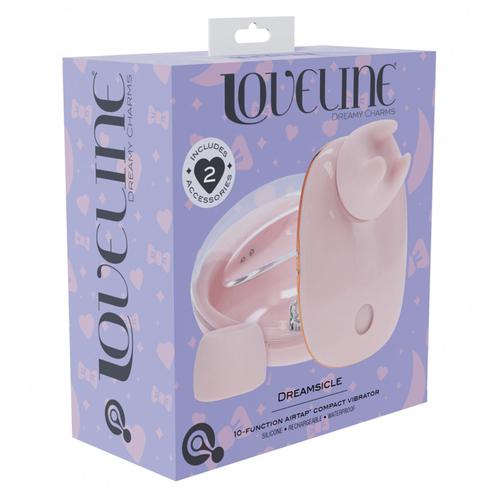 Loveline Dreamsicle Airtaptech Vibrator Pink packaging featuring 10 functions and 2 accessories.